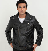 Damon Black Leather Belted Biker Jacket - Zipped