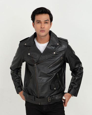 Damon Black Leather Belted Biker Jacket - Zipped