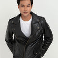 Damon Black Leather Belted Biker Jacket - Zoom