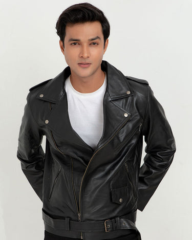 Damon Black Leather Belted Biker Jacket - Zoom