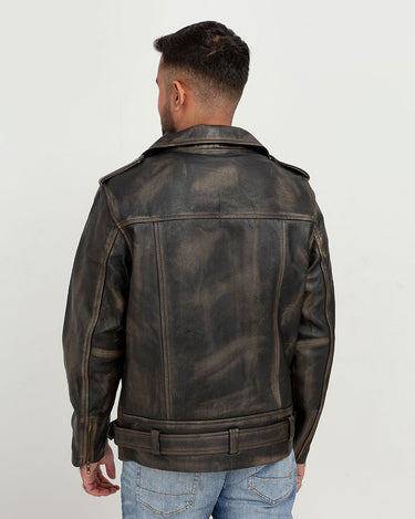 Damon Distressed Brown Leather Belted Biker Jacket - Back