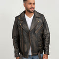 Damon Distressed Brown Leather Belted Biker Jacket - Front