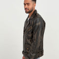 Damon Distressed Brown Leather Belted Biker Jacket - Left