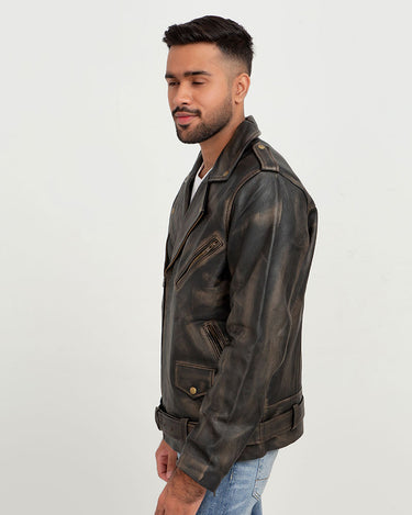 Damon Distressed Brown Leather Belted Biker Jacket - Left