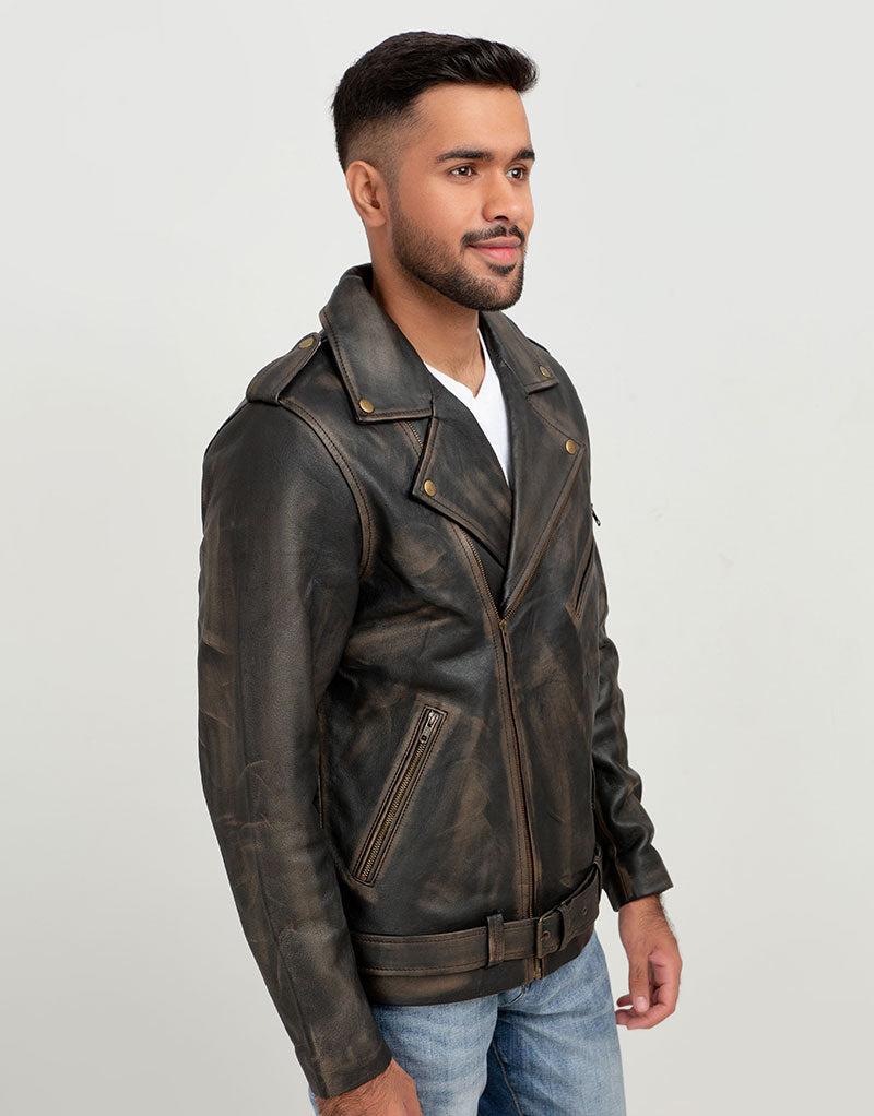 Damon Distressed Brown Leather Belted Biker Jacket - Right