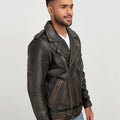 Damon Distressed Brown Leather Belted Biker Jacket - Right