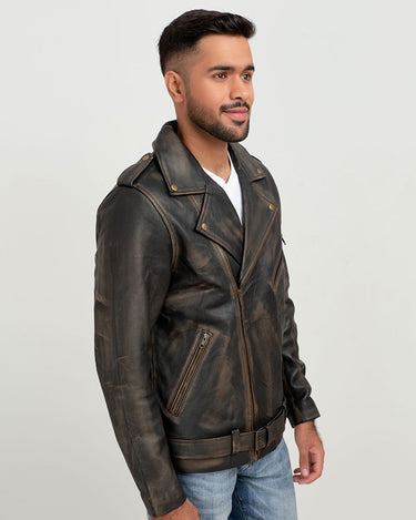 Damon Distressed Brown Leather Belted Biker Jacket - Right