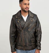 Damon Distressed Brown Leather Belted Biker Jacket - Zipped