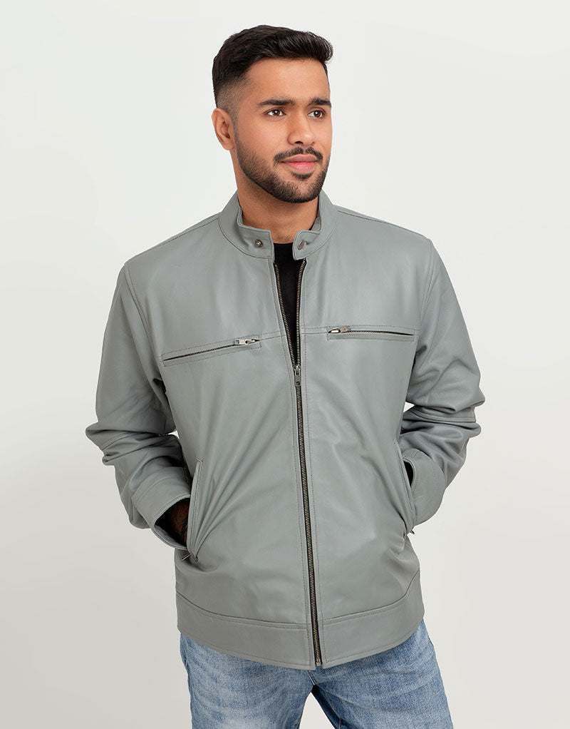 Danilo Light Grey Biker Leather Jacket - Front