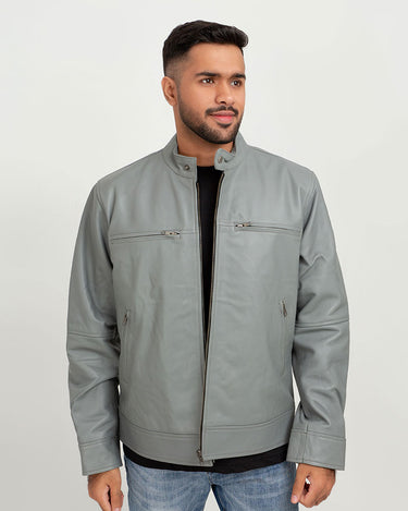 Danilo Light Grey Biker Leather Jacket - Front Open