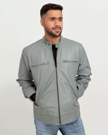 Danilo Light Grey Biker Leather Jacket - Front