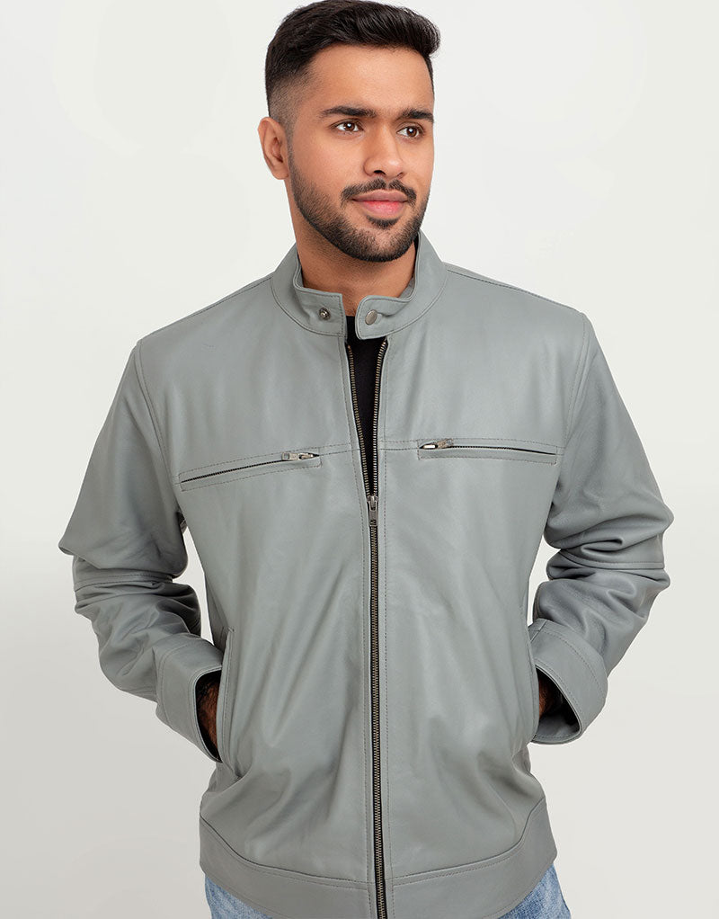 Danilo Light Grey Biker Leather Jacket - Zoom