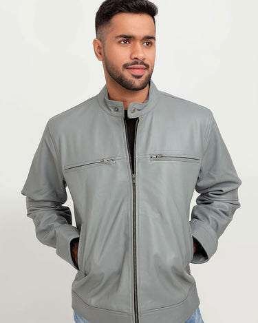 Danilo Light Grey Biker Leather Jacket - Zoom