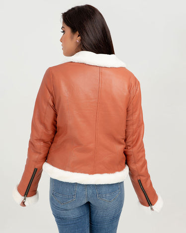 Decker Red-Orange with White Fur Leather Jacket - Back