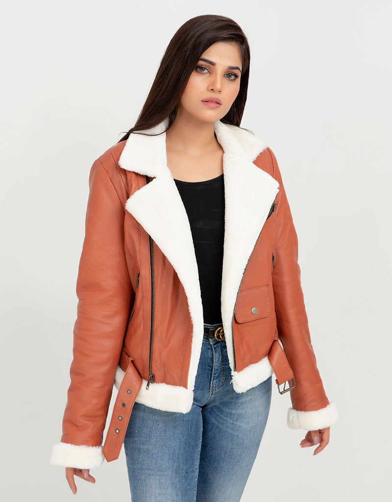 Decker Red-Orange with White Fur Leather Jacket - Front