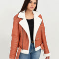 Decker Red-Orange with White Fur Leather Jacket - Front