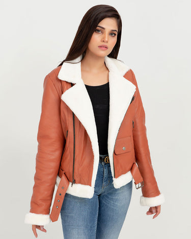 Decker Red-Orange with White Fur Leather Jacket - Front