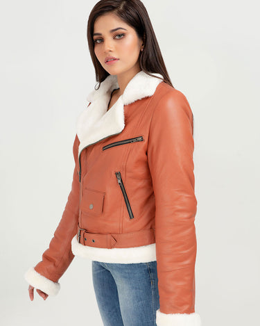 Decker Red-Orange with White Fur Leather Jacket - Left