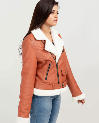 Decker Red-Orange with White Fur Leather Jacket - Right