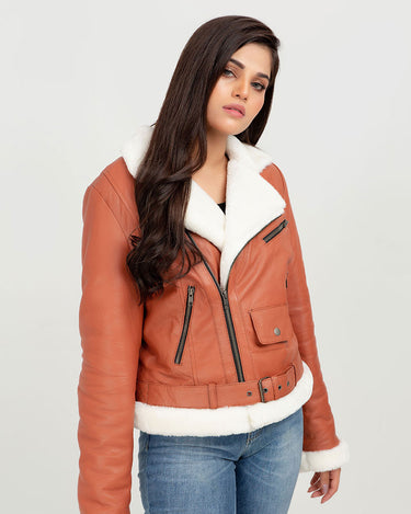 Decker Red-Orange with White Fur Leather Jacket - Zoom