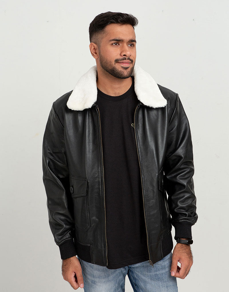 Demi Lined White Shearling Black Aviator Leather Jacket - Front