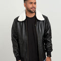 Demi Lined White Shearling Black Aviator Leather Jacket - Front