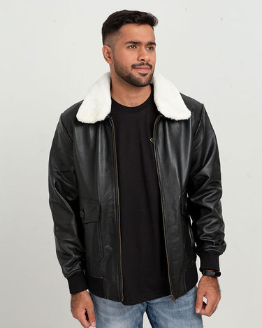 Demi Lined White Shearling Black Aviator Leather Jacket - Front