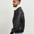 Demi Lined White Shearling Black Aviator Leather Jacket - Left