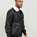 Demi Lined White Shearling Black Aviator Leather Jacket - Right