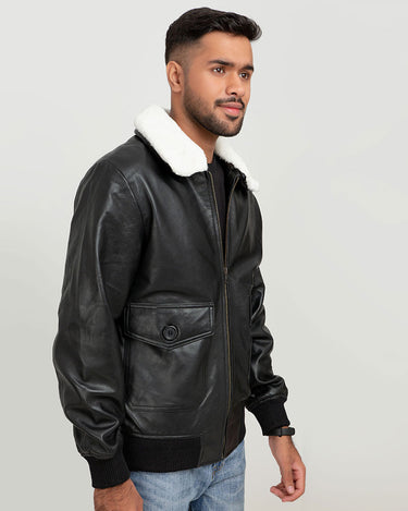 Demi Lined White Shearling Black Aviator Leather Jacket - Right