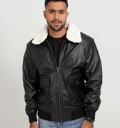 Demi Lined White Shearling Black Aviator Leather Jacket - Zipped