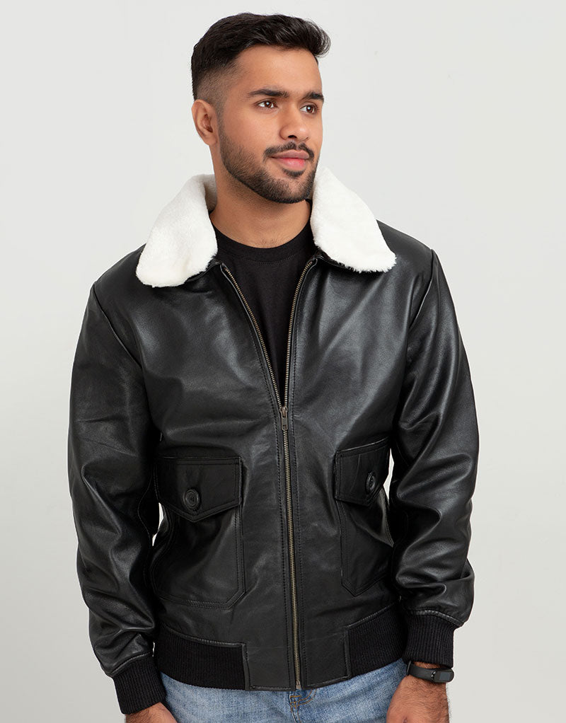 Demi Lined White Shearling Black Aviator Leather Jacket - Zoom