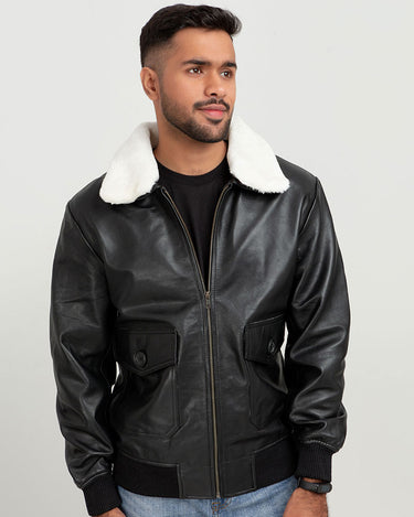 Demi Lined White Shearling Black Aviator Leather Jacket - Zoom