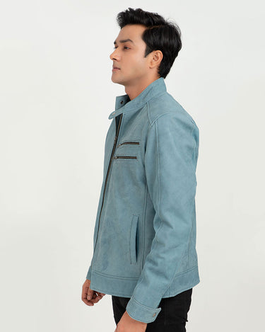 Dempsey Sky-Blue Racer Matte Leather Jacket - Left