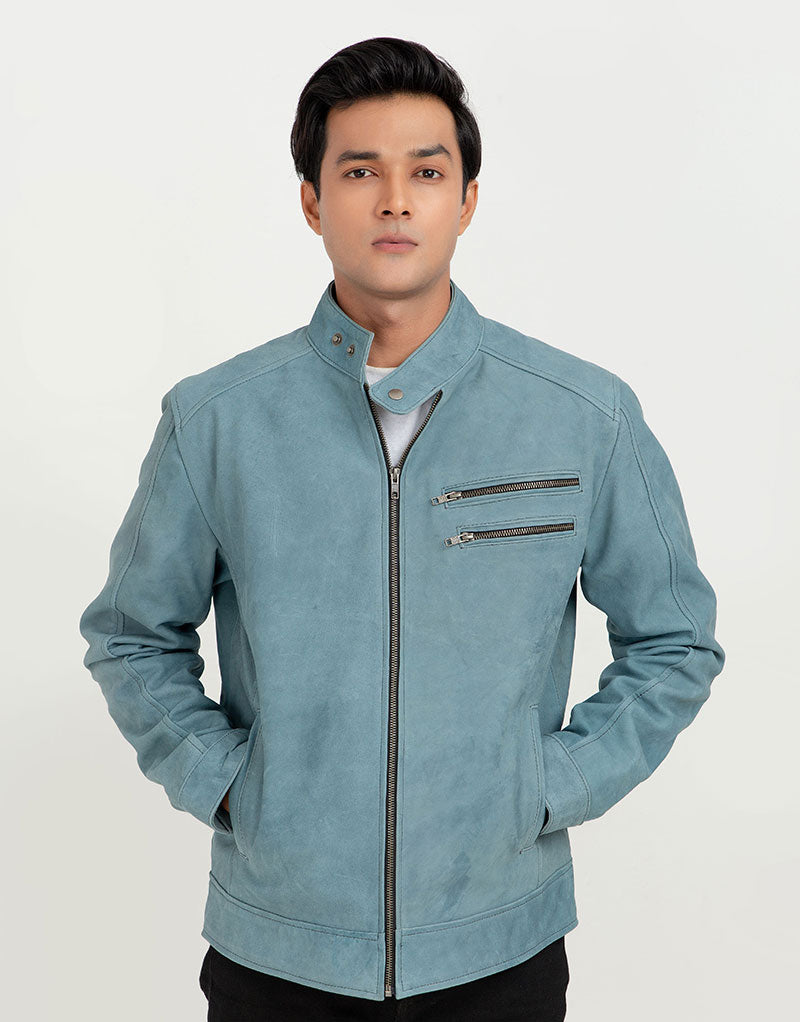 Dempsey Sky-Blue Racer Matte Leather Jacket - Zipped