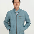 Dempsey Sky-Blue Racer Matte Leather Jacket - Zipped