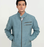 Dempsey Sky-Blue Racer Matte Leather Jacket - Zipped