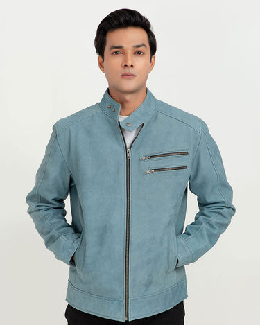 Dempsey Sky-Blue Racer Matte Leather Jacket - Zipped