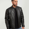 Drew Vertical Channel Black Leather Biker Jacket - Front