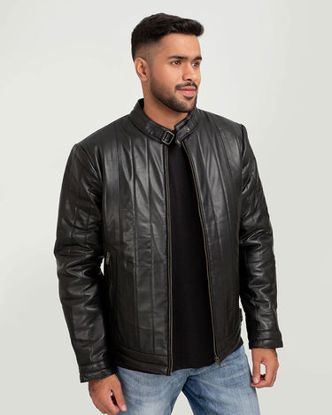 Drew Vertical Channel Black Leather Biker Jacket - Front