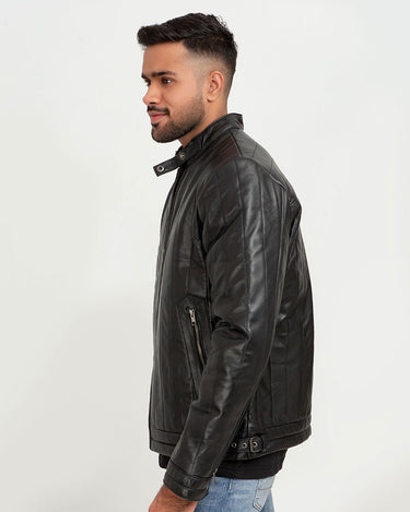 Drew Vertical Channel Black Leather Biker Jacket - Left