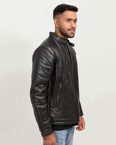 Drew Vertical Channel Black Leather Biker Jacket - Right