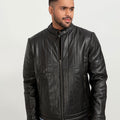 Drew Vertical Channel Black Leather Biker Jacket - Zipped