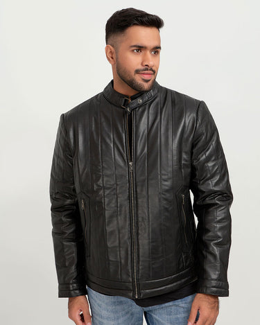 Drew Vertical Channel Black Leather Biker Jacket - Zipped