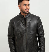 Drew Vertical Channel Black Leather Biker Jacket - Zoom