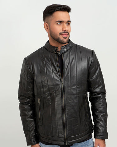 Drew Vertical Channel Black Leather Biker Jacket - Zoom