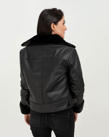 Edwina Black Aviator Leather Jacket - Back