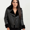 Edwina Black Aviator Leather Jacket - Front