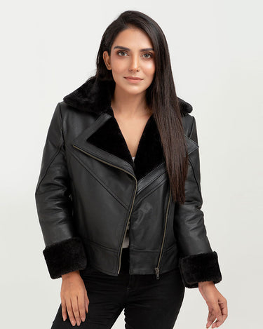 Edwina Black Aviator Leather Jacket - Front