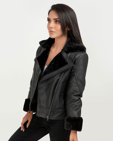 Edwina Black Aviator Leather Jacket - Left